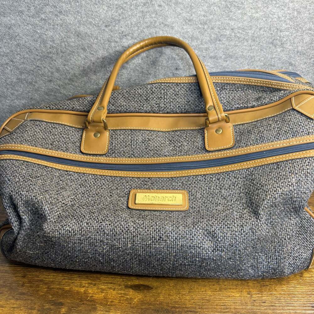 Vintage Monarch Luggage Duffle Bag Travel Carry-On Grey Tweed with Tan Trim